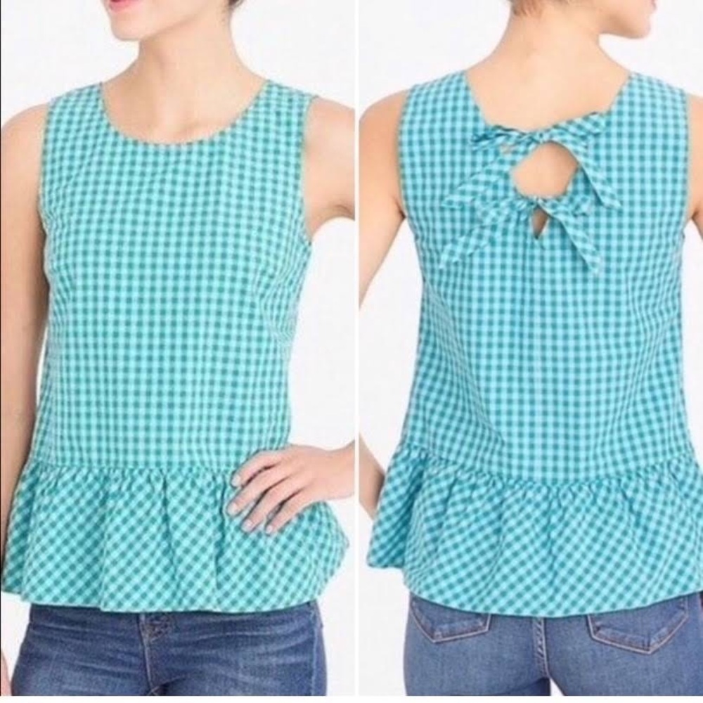 J. Crew Factory Gingham Printed Bow-Back Tie Back Cotton Peplum Tank Top